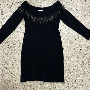 Samir black ribbed mini dress beaded fringe off the shoulder small s